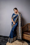 Navy Blue Handloom Raw Silk Saree With Blouse For Women