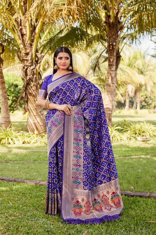 Luxurious Navy Blue Gharchola Bandhej Silk Sarees | High-Quality Bandhej with Zari Weaving, Paithani Rich Pallu, and Handmade Blouse.