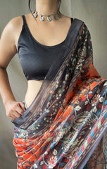 Orange Kalamkari Print Saree For Women