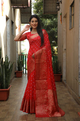 Orange Handmade Bandhej Kanjivaram Silk Saree For Wedding