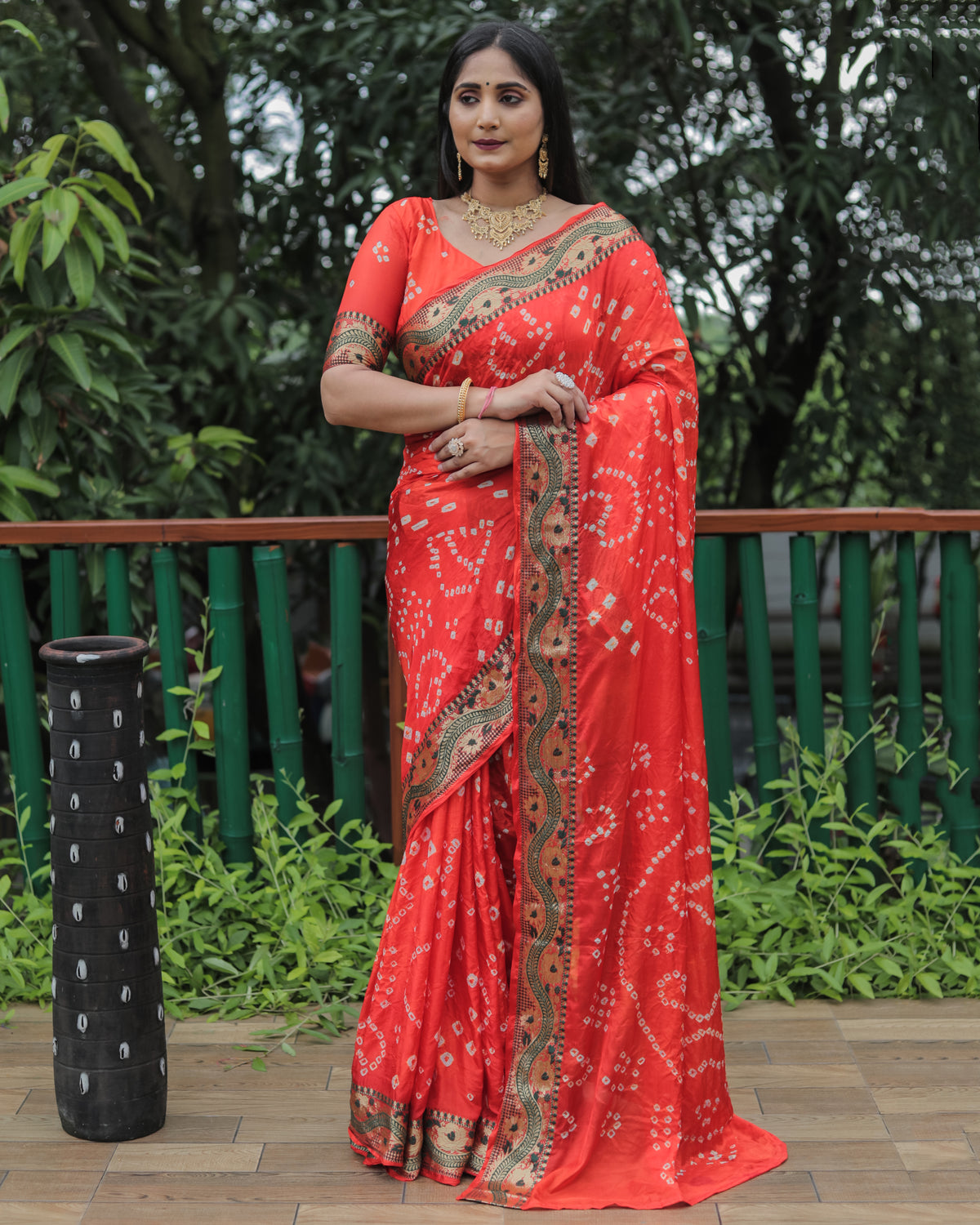 Premium Orange Dual Colour Bandhej Silk Saree with Zari Weaving Border and Bandhej Pallu – Soft, Lightweight, and Stylish.