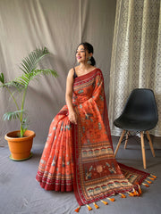 Orange Malai Cotton Saree with Kalamkari Prints