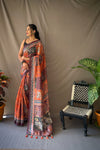 Orange Soft Cotton Kalamkari Print Sarees