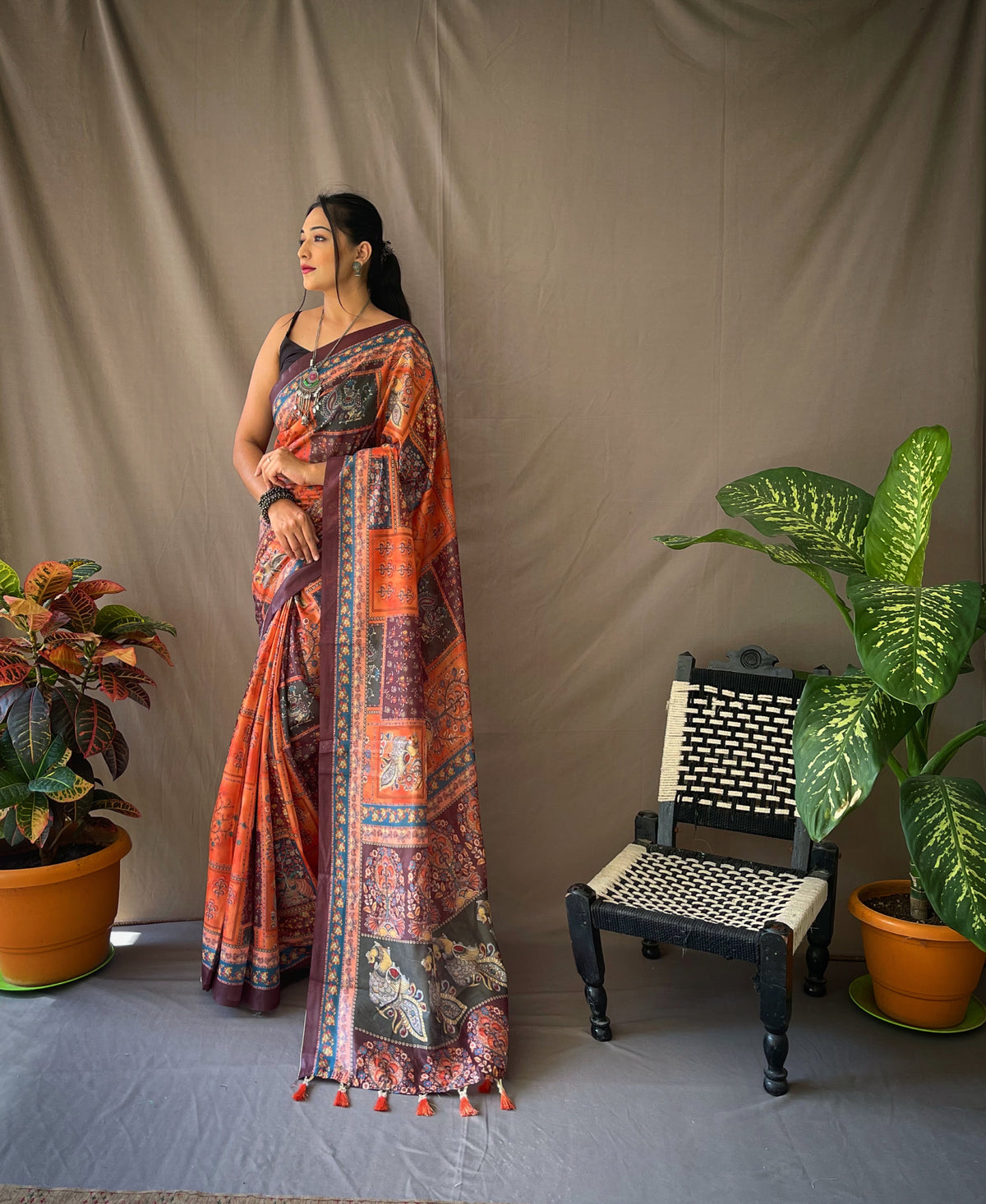 Orange Soft Cotton Kalamkari Print Sarees