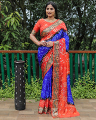 Luxurious Orange Dual Colour Bandhej Silk Saree with Zari Weaving and Broad Border – Soft, Lightweight, and Stylish.