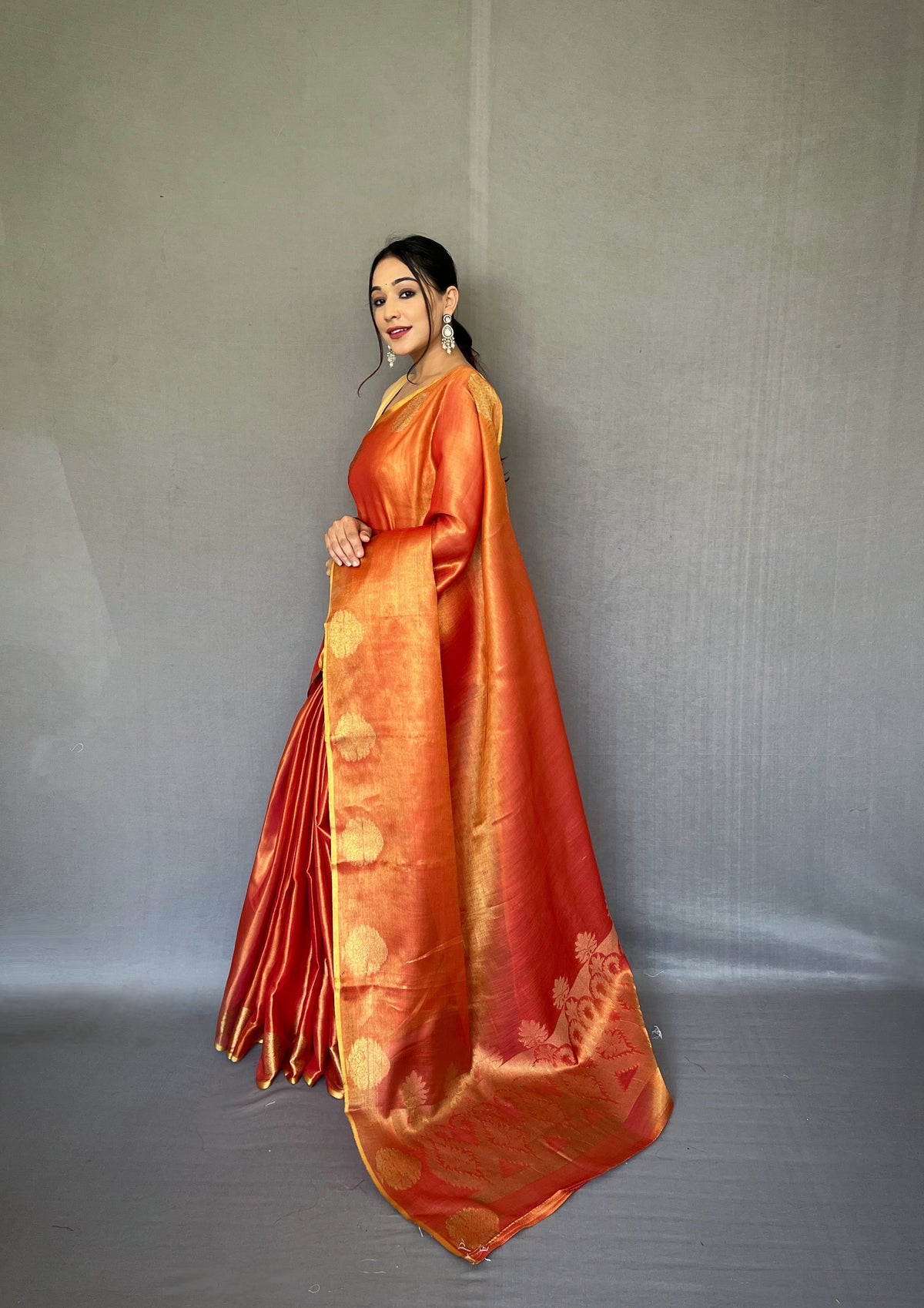 Elegant Orange Tissue Silk Saree with Jacquard Zari Weaving - Rich Pallu, Jacquard Weaving Border, and Beautiful Motifs | 6.3 Meter Length with Blouse.