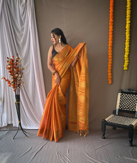 "Original Orange Tissue Silk Sarees with All-Over Zari Weaving and Mango Border - Chit Pallu with Jhalar, Paired with Zari Lining Unstitched Blouse.