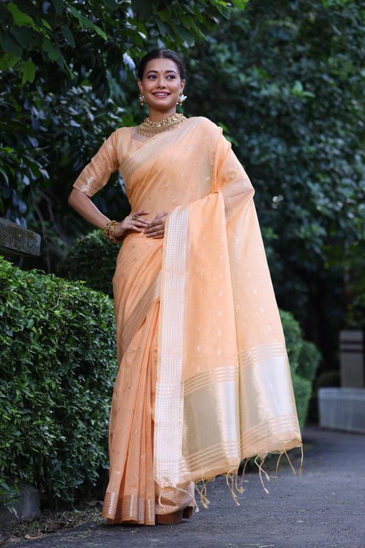 Orange Color Maheshwari Tissue Silk Weaving Saree with Zari Butties, Woven Pallu, Border, and Fancy Tassels - Elegant Traditional Wear.