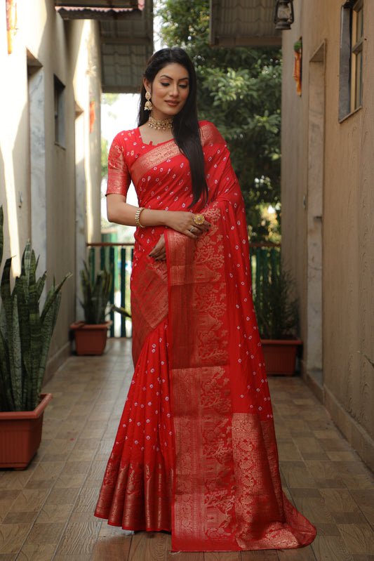 Orange Handmade Bandhej Kanjivaram Silk Saree For Wedding