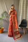 Orange Malai Cotton Saree with Kalamkari Prints