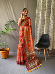 Orange Malai Cotton Saree with Kalamkari Prints