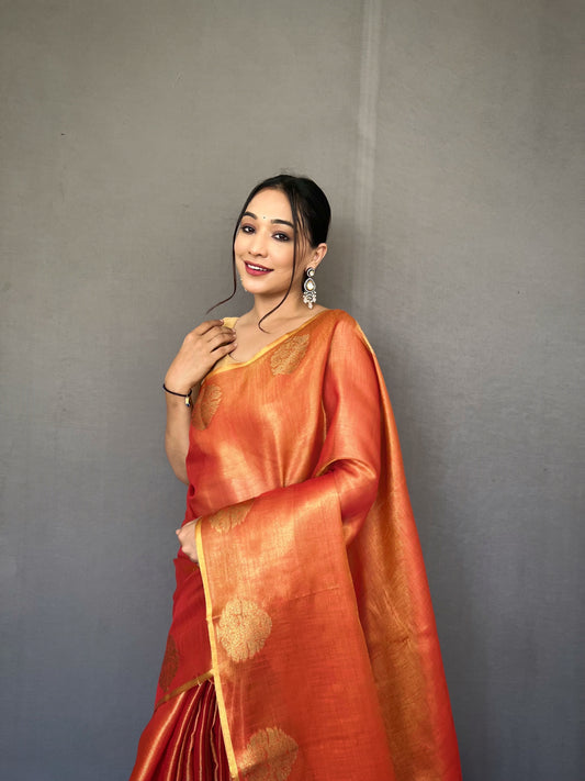 Elegant Orange Tissue Silk Saree with Jacquard Zari Weaving - Rich Pallu, Jacquard Weaving Border, and Beautiful Motifs | 6.3 Meter Length with Blouse.