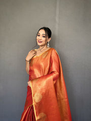 Elegant Orange Tissue Silk Saree with Jacquard Zari Weaving - Rich Pallu, Jacquard Weaving Border, and Beautiful Motifs | 6.3 Meter Length with Blouse.