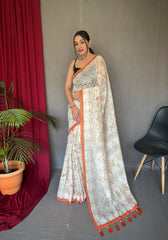 Orange Pure Malai Cotton Saree with Katha Prints