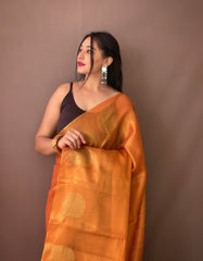 "Original Orange Tissue Silk Sarees with All-Over Zari Weaving and Mango Border - Chit Pallu with Jhalar, Paired with Zari Lining Unstitched Blouse.