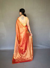 Elegant Orange Tissue Silk Saree with Jacquard Zari Weaving - Rich Pallu, Jacquard Weaving Border, and Beautiful Motifs | 6.3 Meter Length with Blouse.