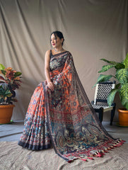 Orange Kalamkari Print Saree For Women