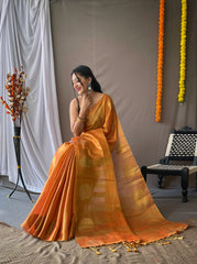 "Original Orange Tissue Silk Sarees with All-Over Zari Weaving and Mango Border - Chit Pallu with Jhalar, Paired with Zari Lining Unstitched Blouse.