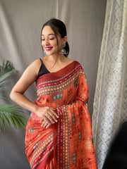 Orange Malai Cotton Saree with Kalamkari Prints