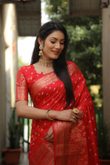 Orange Handmade Bandhej Kanjivaram Silk Saree For Wedding