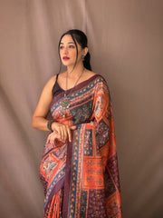 Orange Soft Cotton Kalamkari Print Sarees