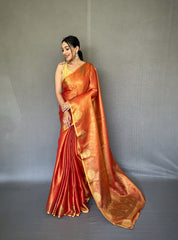 Elegant Orange Tissue Silk Saree with Jacquard Zari Weaving - Rich Pallu, Jacquard Weaving Border, and Beautiful Motifs | 6.3 Meter Length with Blouse.