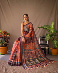 Orange Soft Cotton Kalamkari Print Sarees