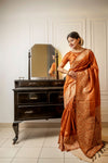 Orange Handloom Raw Silk Saree With Blouse For Women