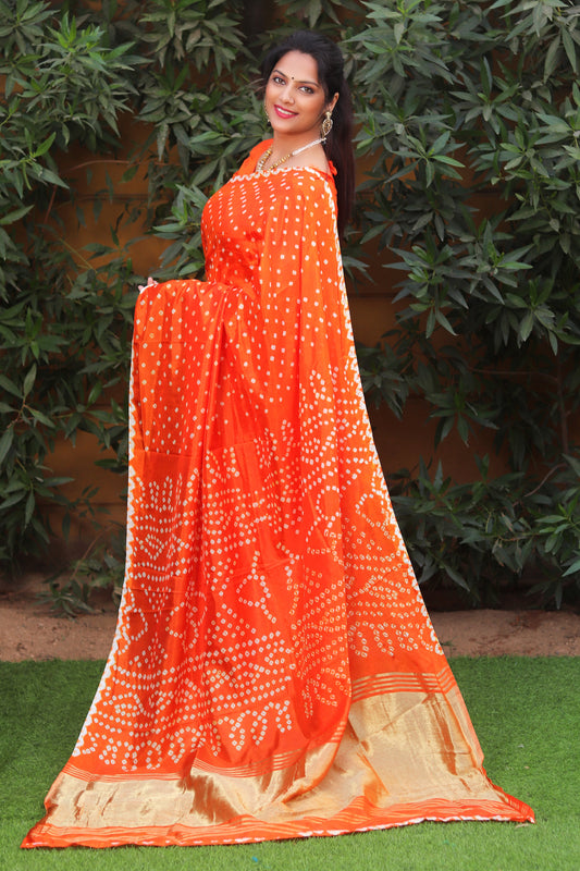 Orange Pure Bandhej Silk Saree with Lagdi Patta Zari Weaving