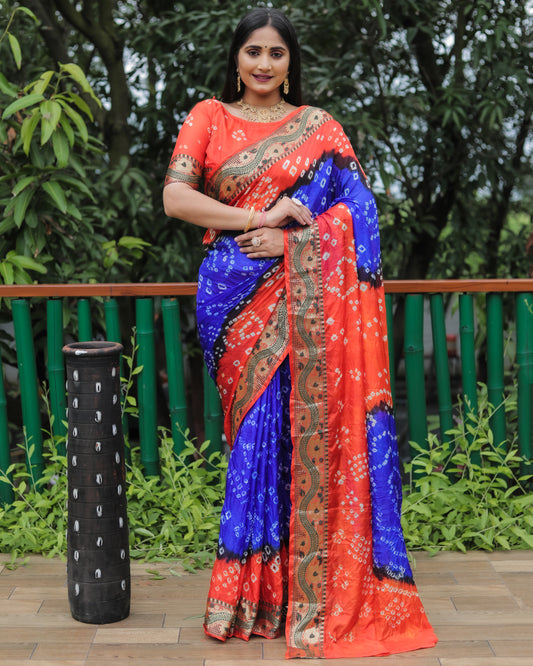 Orange Dual Colour Bandhej Silk Saree