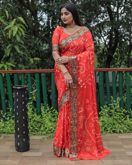 Orange Dual Colour Bandhej Silk Lightweight Saree For Weddings