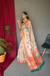 Peach Color Digital Print Silk Saree with Floral Katha Stitch, Golden Zari Rich Pallu, Golden Motifs & Unique Color Combination | Unstitched Blouse Piece.