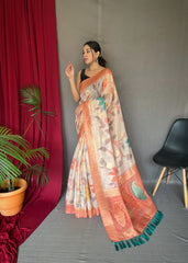 Peach Color Digital Print Silk Saree with Floral Katha Stitch, Golden Zari Rich Pallu, Golden Motifs & Unique Color Combination | Unstitched Blouse Piece.