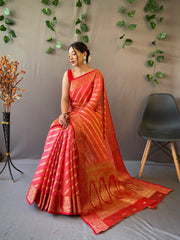 Peach Color Pure Organza Saree with Jacquard Border and Rich Pallu Featuring Luxurious Tassels.