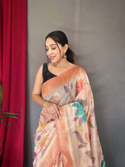 Peach Color Digital Print Silk Saree with Floral Katha Stitch, Golden Zari Rich Pallu, Golden Motifs & Unique Color Combination | Unstitched Blouse Piece.