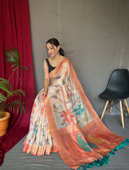 Peach Color Digital Print Silk Saree with Floral Katha Stitch, Golden Zari Rich Pallu, Golden Motifs & Unique Color Combination | Unstitched Blouse Piece.