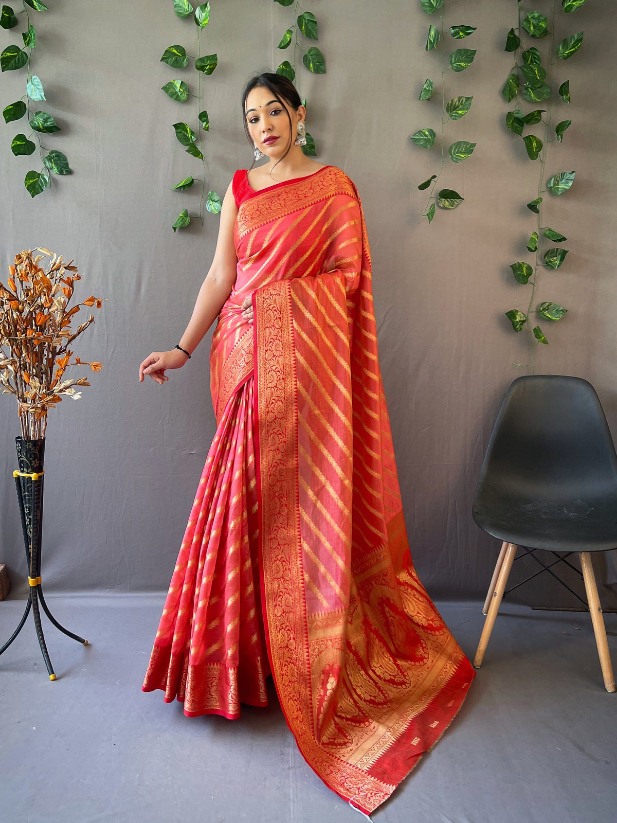 Peach Color Pure Organza Saree with Jacquard Border and Rich Pallu Featuring Luxurious Tassels.