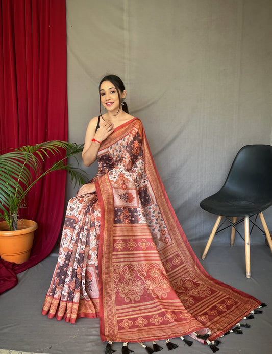 Peach Cotton Sarees with Kashmiri Digital Print