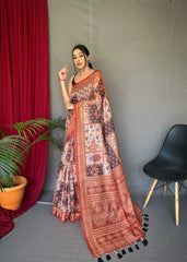 Peach Cotton Sarees with Kashmiri Digital Print