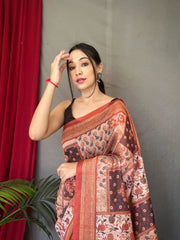 Peach Cotton Sarees with Kashmiri Digital Print