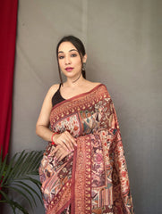 Peach Keri Design Cotton Sarees with Kashmiri Digital Print