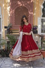 Premium Red Designer ReadyMade Gown Collection - Faux Blooming Embroidery Zari Sequins Work | Gown with Dupatta