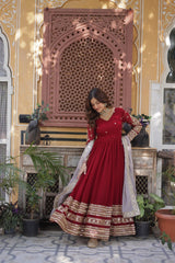 Premium Red Designer ReadyMade Gown Collection - Faux Blooming Embroidery Zari Sequins Work | Gown with Dupatta