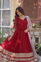 Premium Red Designer ReadyMade Gown Collection - Faux Blooming Embroidery Zari Sequins Work | Gown with Dupatta