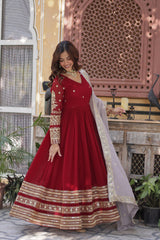 Premium Red Designer ReadyMade Gown Collection - Faux Blooming Embroidery Zari Sequins Work | Gown with Dupatta