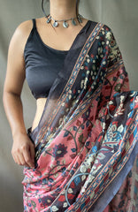 Pink Kalamkari Print Saree For Women