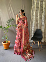 Pink Designer Malai Cotton Saree with Kalamkari Prints