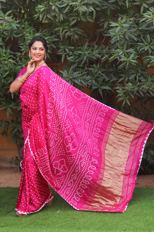 Premium Pink Pure Bandhej Silk Saree with Lagdi Patta Zari Weaving & Rich Pallu | Includes Bandhej Design Blouse.