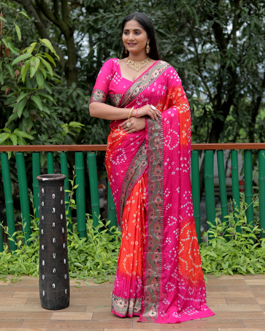 Pink Dual Color Bandhej Silk Saree