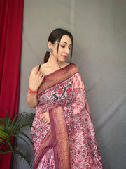 Pink Cotton Sarees with Kashmiri Digital Print